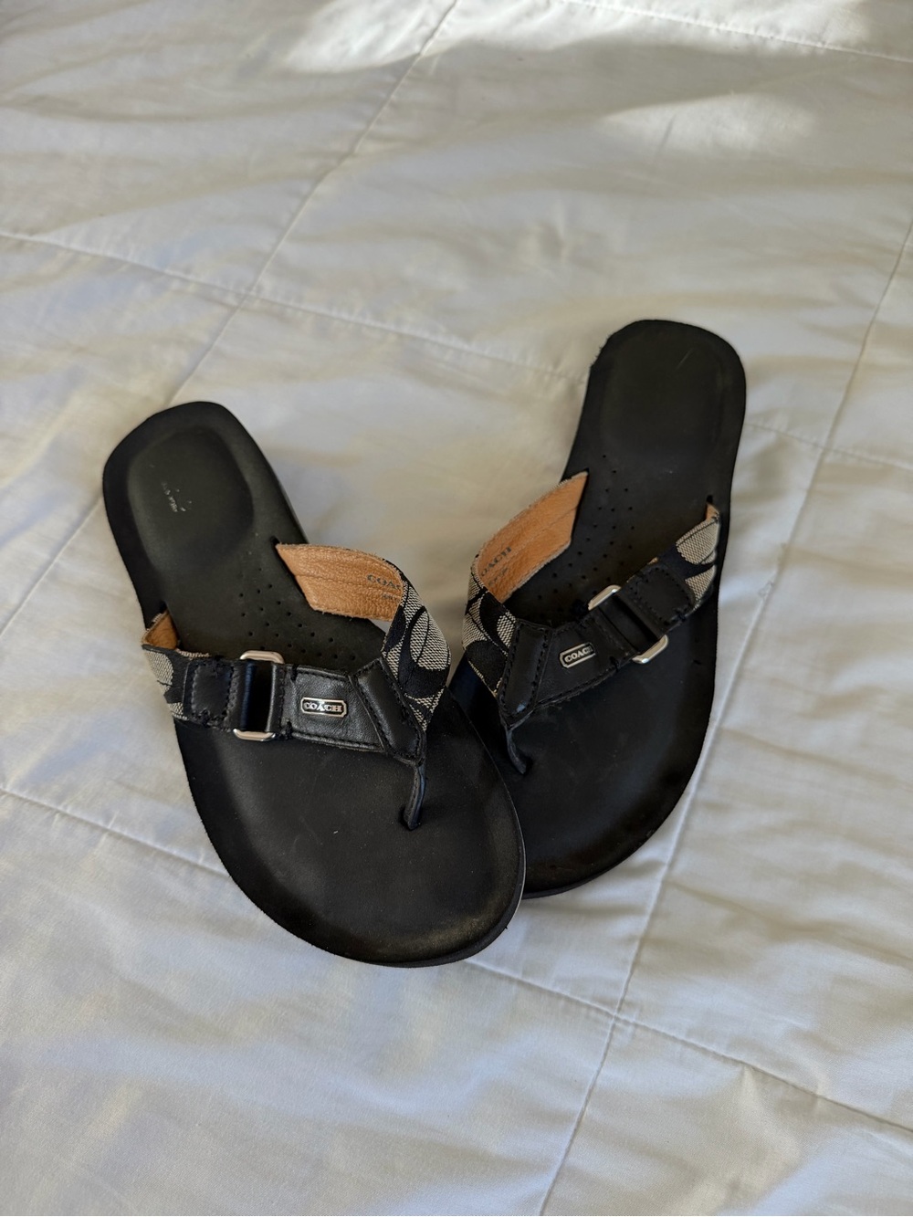 Coach Black Signature Canvas Thong Sandals with Buckle Detail